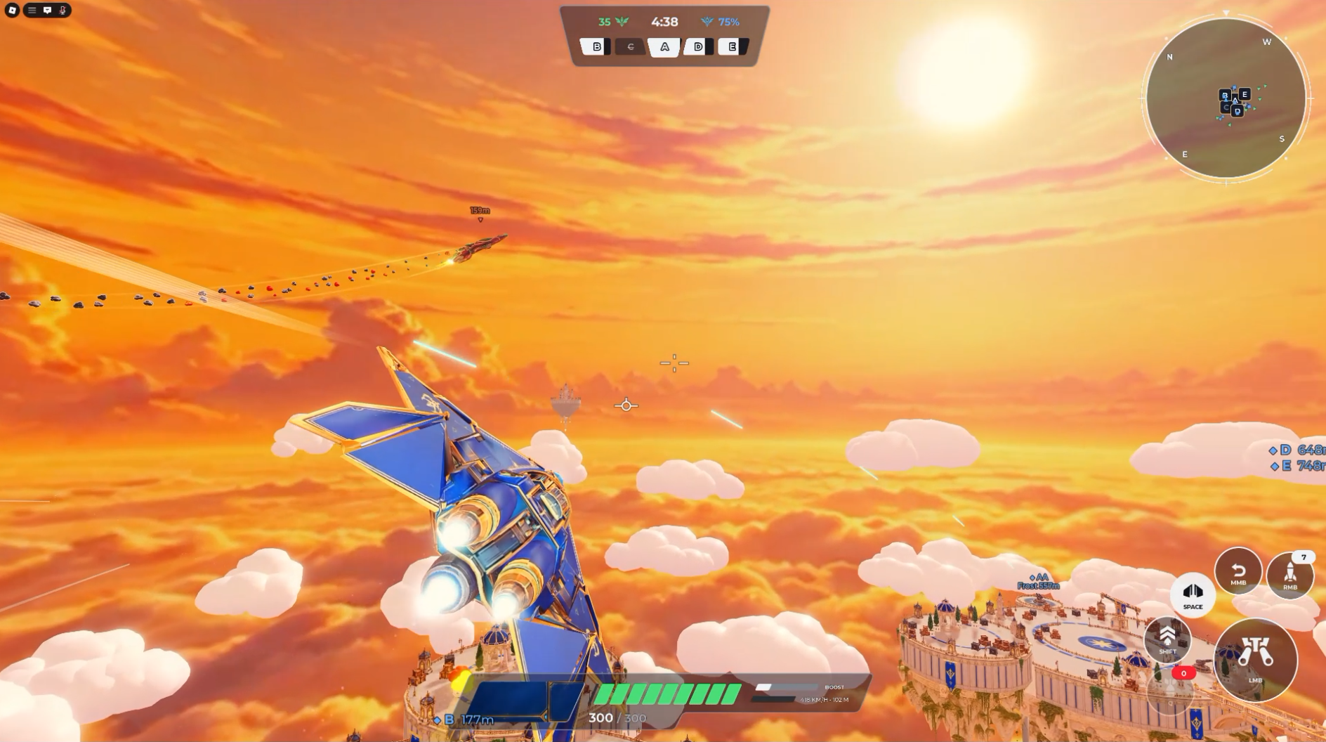 Veyra Strike gameplay: a Citadel Guard jet chasing an enemy above the clouds at sunset